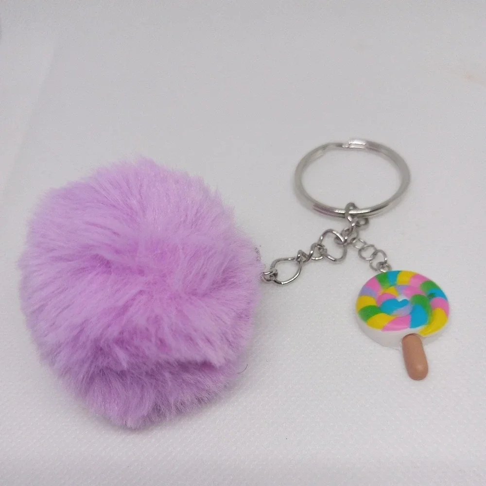Cute Hand Made Mini Lolipop With Purple Pom Pom Keychain Bag charms